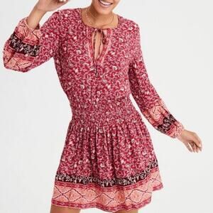 American Eagle Red Boho Long Sleeve Patterned Ruched Waist Dress
